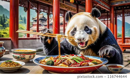 Happy Chinese panda bear eating traditional Chinese food 116744644