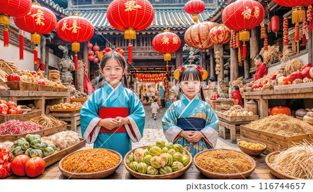 Happy Chinese children in traditional clothes are at the Chinese bazaar Happy Chinese children in traditional clothes are at the Chinese bazaar 116744657