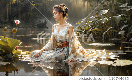 Beautiful oriental woman contemplates nature by the pond 116744685