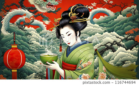 beautiful geisha picking traditional green tea, Chinese and Japanese 116744694
