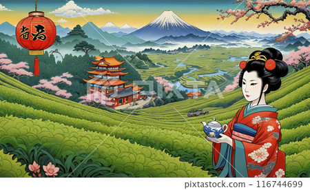beautiful geisha picking traditional green tea, Chinese and Japanese 116744699
