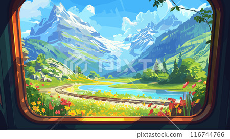 View from the Window of Turning Railway amidst Swiss Alps Game Background Cartoon Game Illustration Train Journey Transportation Scenic Landscape Mountain Range Alpine Peaks 116744766