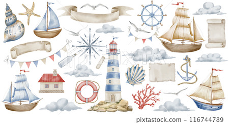 Watercolor clipart with Sailboat and Lighthouse for Baby design in nautical style. Drawing of Beacon and Ships in pastel blue and beige colors on isolated background. Childish marine set for kids. 116744789