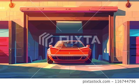 Sports Car Parked in Stadium Garage Front View Cartoon Game Background Luxury Vehicle Automobile Racing Track Speed Performance Illustration Stadium Parking Garage Automotive Sports Car Parked in Stadium Garage Front View Cartoon Game Background Luxury Vehicle Automobile Racing Track Speed Performance Illustration Stadium Parking Garage Automotive 116744796