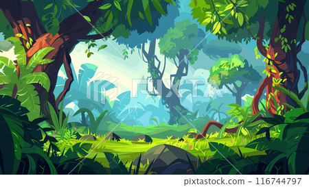 South America Forest Jungle Cartoon Game Background Tropical Rainforest Amazon Wildlife Adventure Illustration Lush Vegetation Exotic Wilderness Scenic Nature Exploration Dense 116744797