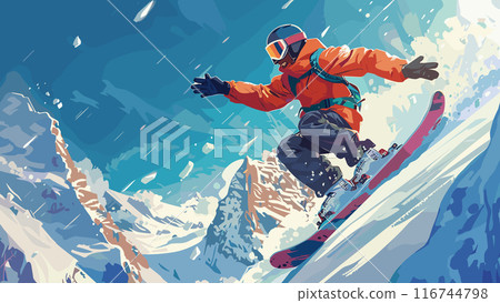 Snowboarder During Ski Jump Game Background Cartoon Game Illustration Winter Sports Snowboarding Extreme Jumping Tricks Slopes Adventure Illustration 116744798