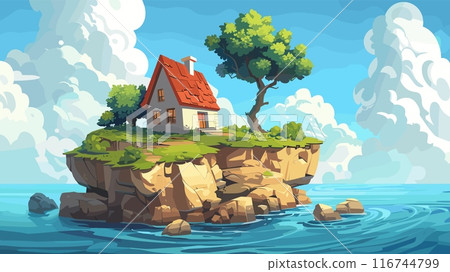 Small House on a Cliff in the Middle of the Sea Cartoon Game Background Isolated Home Ocean View Scenic Landscape Coastal Dwelling Adventure Illustration Remote Seaside Cliffside 116744799