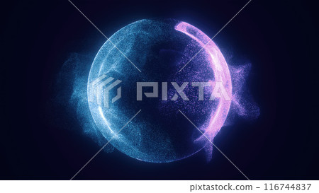 Abstract purple bright glowing background with a sphere core atom energy burning ball circle made of waves of energy rays and plasma with light 116744837