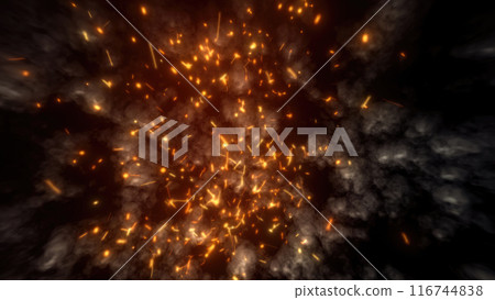 Abstract bright fiery sparks and dark gray bonfire smoke with fire, abstract background 116744838