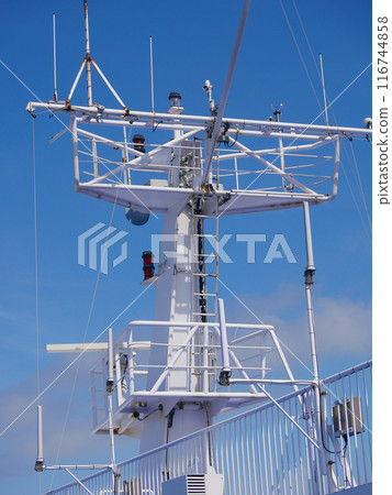 Radar antennas on board of a cruise ferry ship. Navigation system of the liner. Elements of radio location equipment in the ultrasonic wave range. 116744858