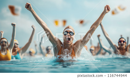 Competitive Swimmers Celebrating Victory in Outdoor Pool Race on a Sunny Day 116744944