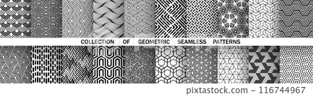 Geometric set of seamless black and white patterns. Simple vector graphics. 116744967