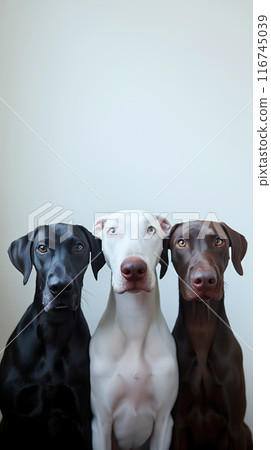 Three Elegant Dogs Posing Together Against a Neutral Background 116745039