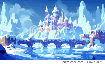 Magic Ice Palace Against the Backdrop of the Ice Bridge Cartoon Game Background Frozen Fortress Enchanted Castle Adventure Illustration Mystical Kingdom 116745075