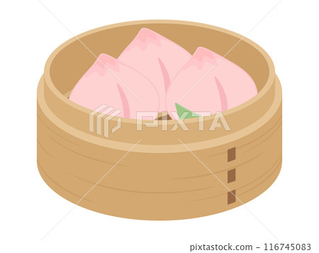 Illustration of peach bun dim sum in a bamboo steamer 116745083