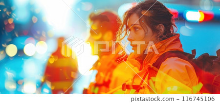 Urgent medical care, close up, focus on, striking colors, Double exposure silhouette with paramedics 116745106