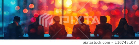 Brainstorming session with diverse team, close up, focus on, saturated and bold colors, Double exposure silhouette with creative sparks 116745107