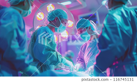 High-angle view of a complex surgical procedure, digital watercolor, emphasis on fluid motion and vibrant colors, showcasing the coordination and precision of the surgical team 116745131