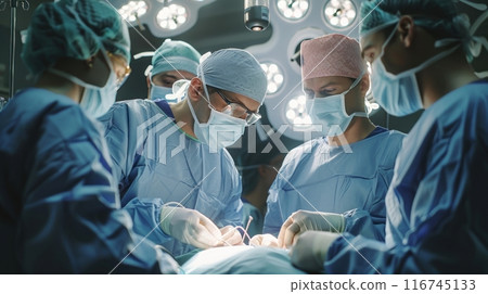 High-angle view of a modern surgical procedure, medical team in action under bright surgical lights, photo-realistic, detailed precision, emphasis on cleanliness and technology 116745133