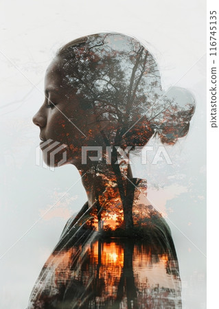 Holistic wellness, close up, focus on, lively palette, Double exposure silhouette with yoga poses Holistic wellness, close up, focus on, lively palette, Double exposure silhouette with yoga poses 116745135