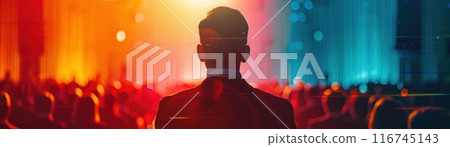 Influential speech in modern auditorium, close up, focus on, vivid and striking hues, Double exposure silhouette with applauding audience Influential speech in modern auditorium, close up, focus on, vivid and striking hues, Double exposure silhouette with applauding audience 116745143