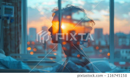 Medical ward, close up, focus on, lively palette, Double exposure silhouette with hospital bed 116745158