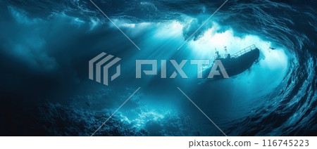 A ship silhouette is seen through a mysterious underwater vortex. A ship silhouette is seen through a mysterious underwater vortex. 116745223