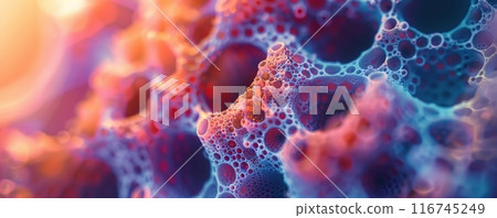 Abstract colorful organic shapes, bubble-like structure, macro view, vibrant colors, digital art. 116745249