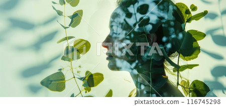 Woman's profile obscured by foliage, creating an ethereal and abstract image. 116745298