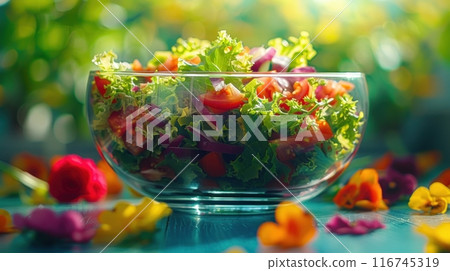 A fresh, colorful salad with edible flowers in a glass bowl, surrounded by vibrant petals. Perfect for a healthy and delicious meal. 116745319