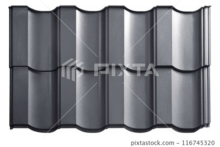 Lightweight galvanised steel roofing sheet isolated on white background. Modular tile effect roof panel. Traditional metal shingle tiles. Popular profiled metallic pantile mimic clay or concrete slate 116745320