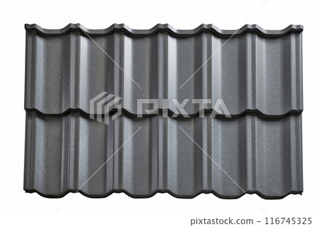 Lightweight galvanised steel roofing sheet isolated on white background. Modular tile effect roof panel. Traditional metal shingle tiles. Popular profiled metallic pantile mimic clay or concrete slate 116745325