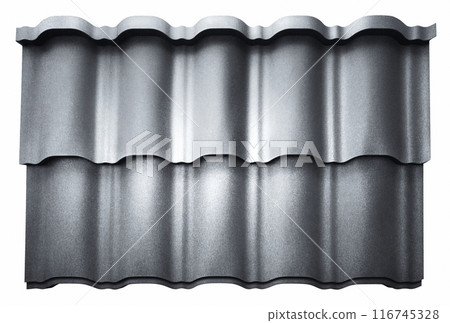 Lightweight galvanised steel roofing sheet isolated on white background. Modular tile effect roof panel. Traditional metal shingle tiles. Popular profiled metallic pantile mimic clay or concrete slate 116745328
