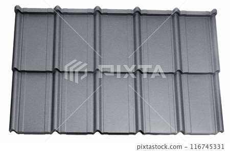 Lightweight galvanised steel roofing sheet isolated on white background. Modular tile effect roof panel. Traditional metal shingle tiles. Popular profiled metallic pantile mimic clay or concrete slate 116745331