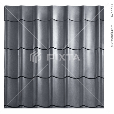 Lightweight galvanised steel roofing sheet isolated on white background. Modular tile effect roof panel. Traditional metal shingle tiles. Popular profiled metallic pantile mimic clay or concrete slate 116745345