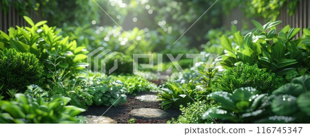 A lush, green path winds through a dense, leafy forest. 116745347