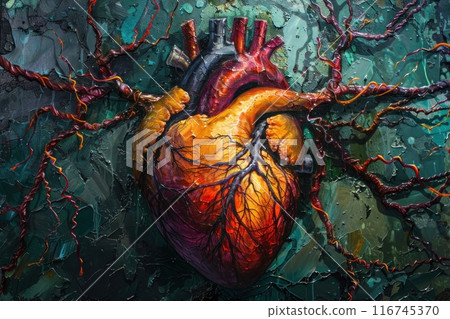 A vibrant, abstract depiction of a human heart entwined with branches, symbolizing love, life, and growth. A vibrant, abstract depiction of a human heart entwined with branches, symbolizing love, life, and growth. 116745370