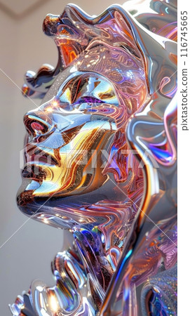 Abstract metallic sculpture of a female face with iridescent colors. Abstract metallic sculpture of a female face with iridescent colors. 116745665