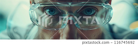 Close-up of a man's eyes wearing safety glasses. 116745692