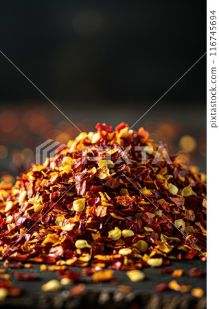 A close-up of a wooden bowl filled with red chili flakes, scattered on a dark surface. 116745694