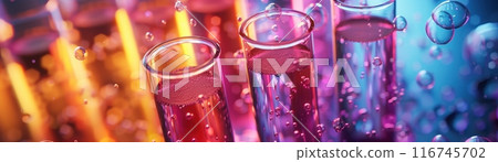 Close-up of colorful liquid in glass tubes. 116745702