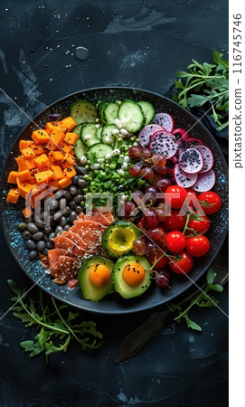 A colorful and healthy salad with various vegetables, fruits, and beans, arranged in a circle on a black plate. A colorful and healthy salad with various vegetables, fruits, and beans, arranged in a circle on a black plate. 116745746