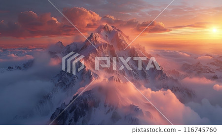 A majestic snow-capped mountain peak emerges from a sea of clouds, bathed in the warm glow of a setting sun. 116745760