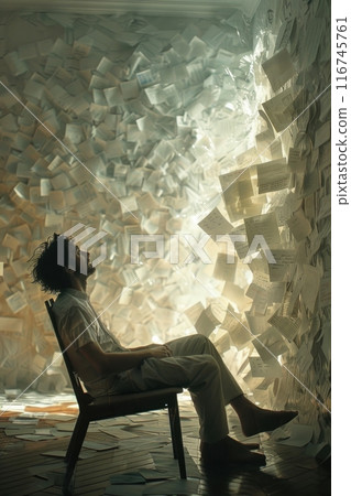 A man sits in a chair surrounded by a swirling vortex of paper, overwhelmed by the sheer volume of paperwork. 116745761