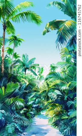 A path through a lush tropical jungle, sunlight filtering through the palm leaves. A path through a lush tropical jungle, sunlight filtering through the palm leaves. 116745762