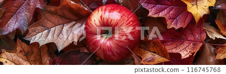 A red apple nestled amongst autumn leaves. A red apple nestled amongst autumn leaves. 116745768