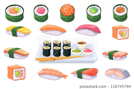 Cartoon japanese sushi rolls. Sushis roll with rice salmon tuna fish wasabi sauce, asian cookery delicious seafood maki sashimi restaurant lunch menu set, neat illustration 116745794