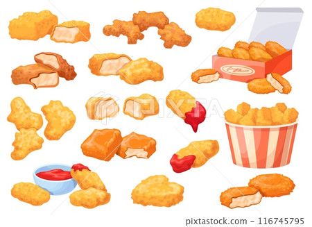 Chicken nuggets. Fried chick nugget with tomato ketchup, tenders breaded chickens crispy chips american fast food snack on lunch unhealthy food set cartoon neat illustration Chicken nuggets. Fried chick nugget with tomato ketchup, tenders breaded chickens crispy chips american fast food snack on lunch unhealthy food set cartoon neat illustration 116745795