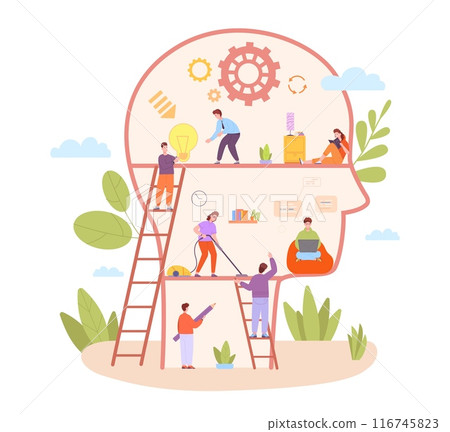 Personal self knowledge. Psychology development workshop, self growth skill mental mind improvement concept small people fulfillment idea order in abstract head illustration Personal self knowledge. Psychology development workshop, self growth skill mental mind improvement concept small people fulfillment idea order in abstract head illustration 116745823