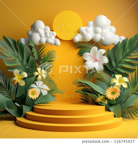 Tropical summer scene with yellow podium, white clouds, green leaves and flowers.  Perfect for product display. 116745837